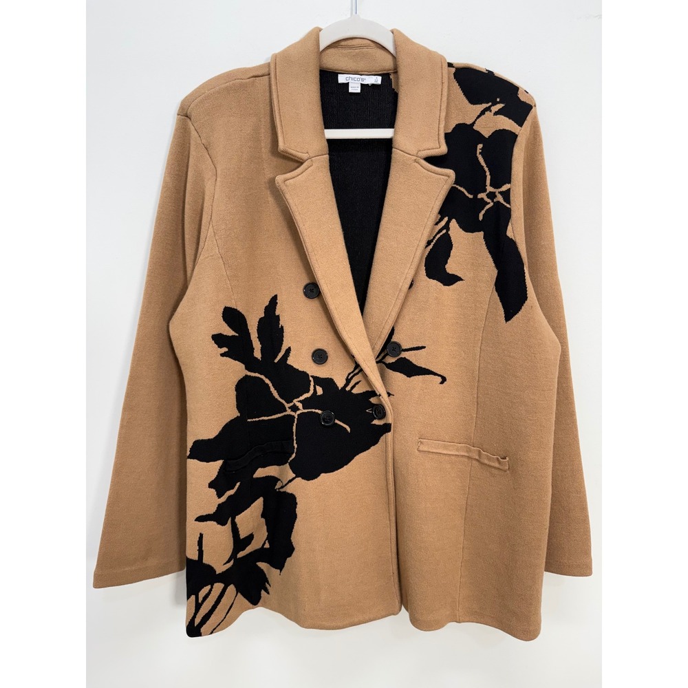 Chico's Knit Blazer Cardigan Size 4 (XXL) Camel Tan Black Floral Double Breasted